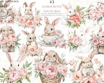 Akvarell blommig kanin Clipart, vårkaningrafik (digital nedladdning)
