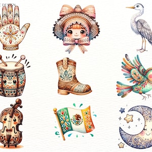 Op de afbeelding: Een set van negen kleurrijke illustraties met een hand met ingewikkelde patronen, een meisje dat een traditionele Mexicaanse hoed draagt, een cowboylaars, een vogel met kleurrijke veren, een trommel met een glimlachend gezicht, een viool met een glimlachend gezicht, een wassende maan met een glimlachend gezicht, een vlag van Mexico met ingewikkelde patronen en een reiger met witte en grijze veren.