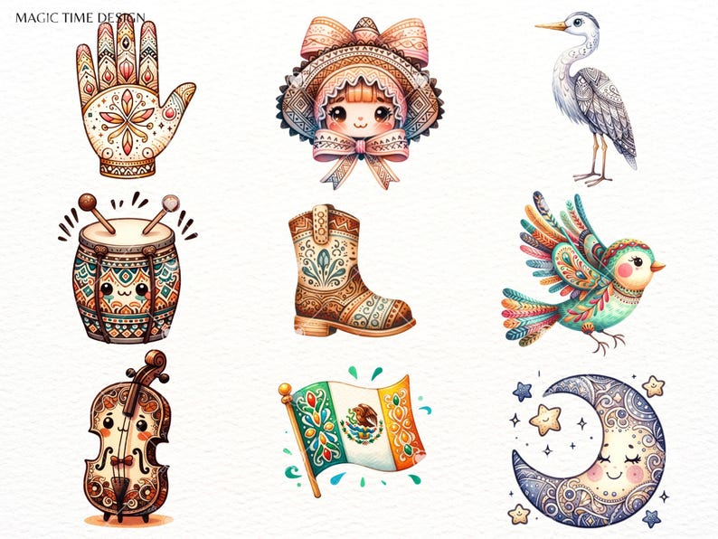 Op de afbeelding: Een set van negen kleurrijke illustraties met een hand met ingewikkelde patronen, een meisje dat een traditionele Mexicaanse hoed draagt, een cowboylaars, een vogel met kleurrijke veren, een trommel met een glimlachend gezicht, een viool met een glimlachend gezicht, een wassende maan met een glimlachend gezicht, een vlag van Mexico met ingewikkelde patronen en een reiger met witte en grijze veren.