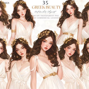 Ragazza in costume greco, dea della mitologia greca con corona d'alloro dorata, acquerello, collage di diario spazzatura, adesivo per scrapbooking, PNG