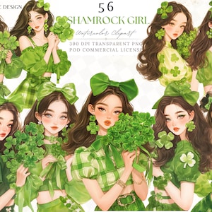 Chica trébol, chica trébol de la suerte, acuarela, clipart, día de San Patricio, clipart, día de San Patricio, licencia comercial verde irlandesa PNG
