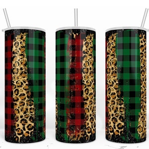 Christmas Leopard Brush Stroke, Buffalo Plaid 20 oz Skinny Tumbler Wrap, Warped Design, Christmas Sublimation Design Download PNG