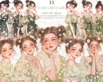 Vårplanerare Akvarell Skräppost Journal Scrapbook Digitalt Klistermärke PNG: Daisy Grön Flicka (Digital Nedladdning)