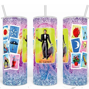 Vaso de tarjetas de Loteria El Catrin, Vaso de Loteria Mexicana, Envoltura de vaso flaco de 20 oz, Diseño de sublimación de envoltura de vaso brillante PNG
