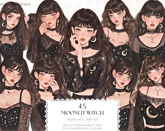 Clipart fille sorcière au clair de lune : autocollants numériques aquarelles (PNG)