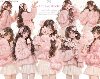 Clipart aquarelle fille Sakura : fleurs de cerisier printanières effrayantes, fille de coton bonbon PNG (téléchargement numérique)