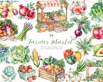 Bondens marknad Clipart PNG: Lokalt odlade akvarell färska grönsaker, frukter, produktstånd (digital nedladdning)