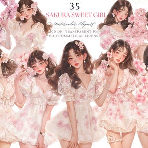 Spring Sakura Girl Clipart PNG,Clipart de aquarela de flor de cerejeira,Adesivo digital para scrapbooking,Planejador That Girl PNG