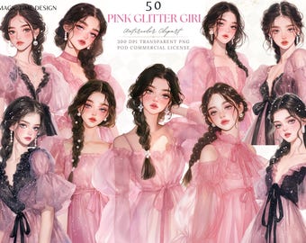 Clipart fille pailletée rose : stickers aquarelle mode PNG (téléchargement numérique