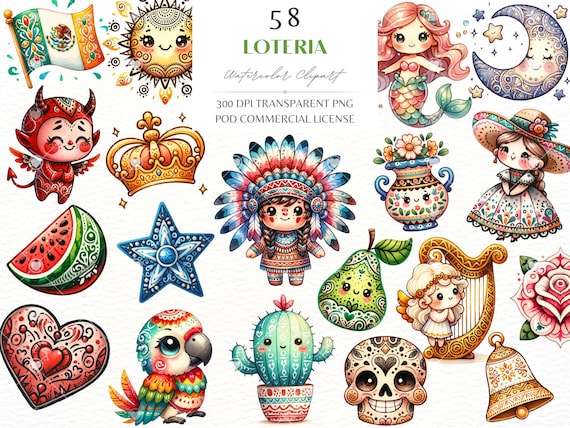 Mexican Loteria Cards Inspired Cute Watercolor Clipart Set,Mexican Bingo Game,Kid BabyShower,Commercial License Clipart PNG