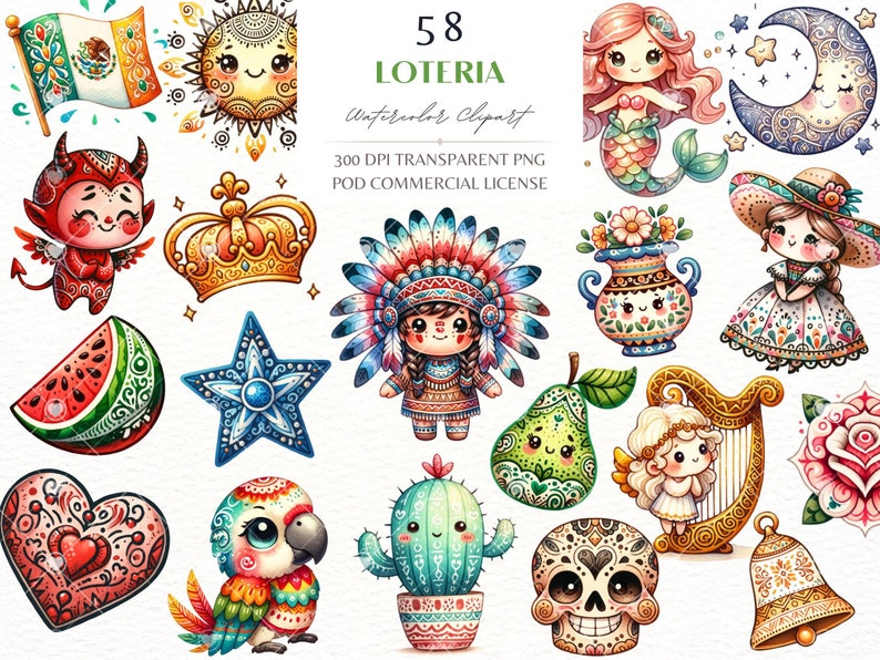 Op de afbeelding: Een set van 14 kleurrijke digitale illustraties met verschillende Mexicaanse culturele symbolen, waaronder een watermeloen, een ster, een cactus, een kroon, een duivel, een peer, een harp, een bel, een schedel, een papegaai, een vaas, een zeemeermin, een zon, een maan, een vrouw in traditionele kleding en een vrouw in een indiaanse hoofdtooi. De illustraties zijn in cartoon-stijl en perfect voor gebruik in digitale projecten.