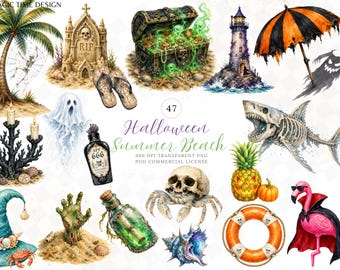 Halloween Summer Beach Clipart Pack, Spooky Tropical PNG, Coastal Halloween Watercolor Graphics Digital Download