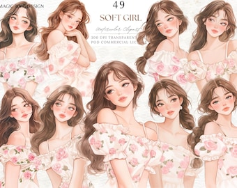 Autocollant numérique pour album de scrapbooking aquarelle PNG : Cottage Girl rose tendre, planificateur That Girl