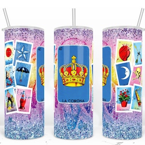Vaso de tarjetas de Loteria La Corona, Vaso de Lotería Mexicana, Envoltura de vaso flaco de 20 oz de corona, Diseño de sublimación de envoltura de vaso brillante PNG