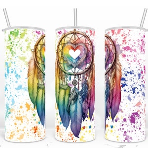 Love Dream Catcher 20 oz Skinny Tumbler Wrap, Rainbow Mandala Dreamcatcher Feathers Wrap, Miesiąc Dumy LGBTQ+ Sublimacja Projekt Pobierz PNG