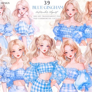 Fille en clipart écossais bleu bébé, aquarelle mode Vichy bleu bébé, collage de Journal indésirable, cet agenda fille, scrapbooking numérique autocollant PNG