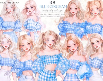 Clipart Fille à carreaux bleus : autocollants PNG mode aquarelle (téléchargement numérique)