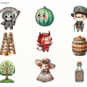 Op de afbeelding: Een set van negen kleurrijke illustraties met verschillende personages en objecten, waaronder een skelet met een zeis, een watermeloen, een duivel, een ladder, een vat, een boom, een meisje in een jurk en een fles. De illustraties zijn getekend in een grillige stijl met ingewikkelde details.