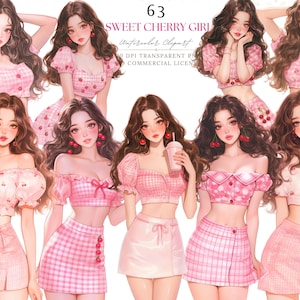 ピンクのギンガムチェックのファッションクリップアートを着たチェリーガール、水彩画のキュートなあの女の子のプランナーデジタルステッカー（スクラップブック、ジャンクジャーナル、昇華PNG用）