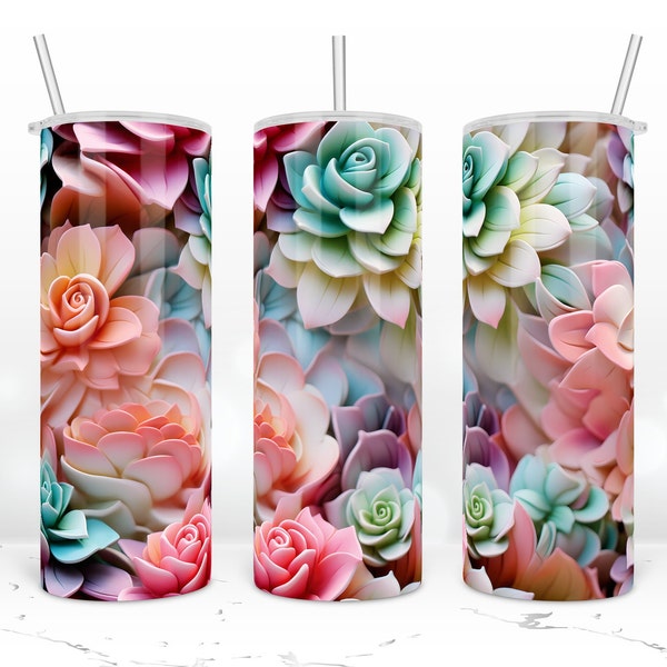 3D Succulents Tumbler, 3D Succulents & Plant Lover 20 oz Skinny Tumbler Wrap, 3D Quilling Tumbler Wrap Sublimation Design PNG