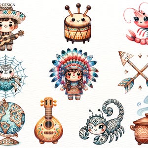 Op de afbeelding: Een set van negen aquarel illustraties met verschillende culturele en fantasierijke personages en objecten. De illustraties omvatten een muzikant met een sombrero, een trommel met een glimlachend gezicht, een garnaal met grote ogen, een spin in een web, een indiaans meisje met een hoofdtooi, twee gekruiste pijlen, een globe met een patroon, een gitaar met kleurrijke versieringen, een schorpioen met een patroon en een pot met stoom die eruit komt.