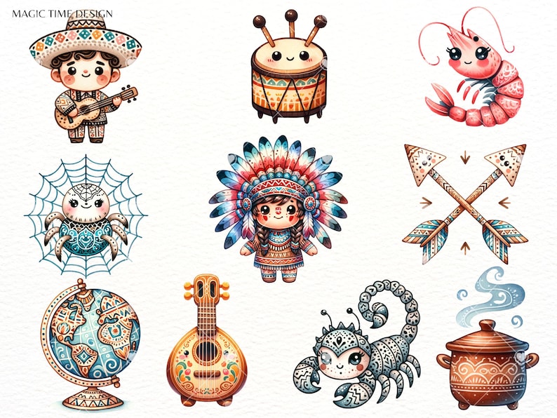 Op de afbeelding: Een set van negen aquarel illustraties met verschillende culturele en fantasierijke personages en objecten. De illustraties omvatten een muzikant met een sombrero, een trommel met een glimlachend gezicht, een garnaal met grote ogen, een spin in een web, een indiaans meisje met een hoofdtooi, twee gekruiste pijlen, een globe met een patroon, een gitaar met kleurrijke versieringen, een schorpioen met een patroon en een pot met stoom die eruit komt.
