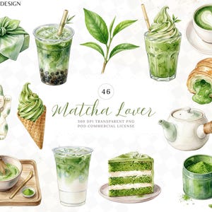Matcha Lover Clipart, japansk grönt te latte dessert akvarell grafik (digital nedladdning)