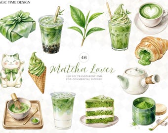 Matcha Lover Clipart, Japanese Green Tea Latte Dessert Watercolor Graphics (Digital Download)