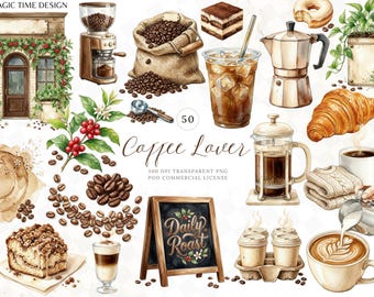 Coffee Lover Clipart, Cafe Aesthetic Dessert Watercolor Graphics (Digital Download)
