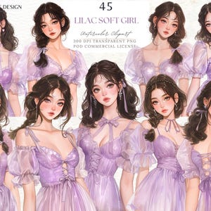 Könnte beinhalten: Digitales Aquarell-Clipart mit Illustrationen von Frauen in lila Kleidern. Der Text "45 LILAC SOFT GIRL Watercolor Clipart" ist sichtbar. Die Bilder haben eine weiche, romantische Ästhetik, ideal für digitale Kunstprojekte.