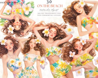 Clipart aquarelle fille plage tropicale : autocollants PNG mode estivale (téléchargement numérique)