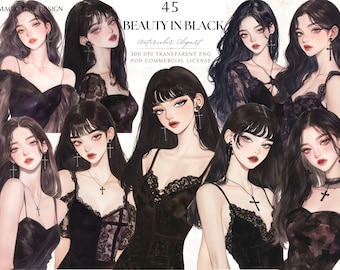 Clipart aquarelle gothique fille aux cheveux noirs : Halloween effrayant PNG (téléchargement numérique)