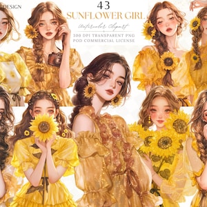 Sunflower Glitter Floral Girl Clipart,Yellow Fashion Girl Watercolor,Junk Journal Collage,Girl Planner, Scrapbooking Digital Sticker PNG