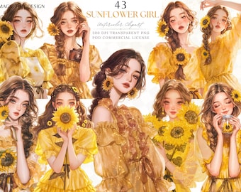 Clipart fille pailletée tournesol : autocollants PNG aquarelle (téléchargement numérique)