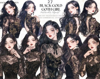 Clipart aquarelle Halloween fille gothique : autocollants PNG pour journal indésirable (téléchargement numérique