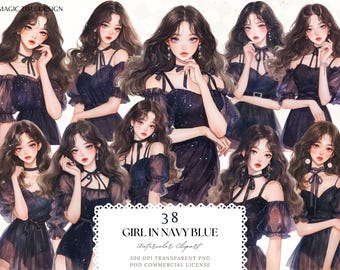Clipart fille bleu marine : mode aquarelle PNG (téléchargement numérique)