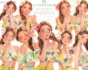 Clipart aquarelle fille tropicale PNG : Stickers mode estivale (téléchargement numérique, 300 ppp)