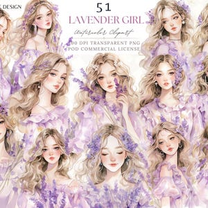 Lavender Girl Dreamy Sweet Purple Girl Watercolor Clipart,Aesthetic Lavender Clipart,Planner Digital Sticker, Digital Download PNG