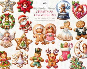 Lot de cliparts de Noël en pain d'épice aquarelle (PNG, licence commerciale)
