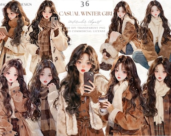 Autocollant numérique pour album de scrapbooking aquarelle, PNG : Fille hiver décontractée, agenda fille cosy