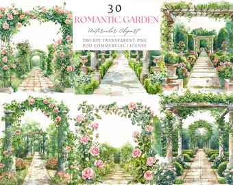 Watercolor Rose Garden Arch Clipart: Romantic Landscape PNG (Commercial License)