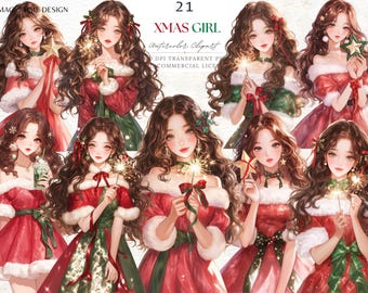 Sticker numérique Scrapbooking pour scrapbooking aquarelle PNG : Clipart lumières scintillantes de Noël fille