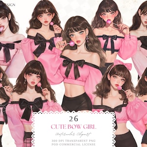 Clipart di ragazza con fiocco rosa e nero, acquerello di moda di Candy Girl, collage di diario spazzatura, planner That Girl, adesivo digitale Scraobooking PNG