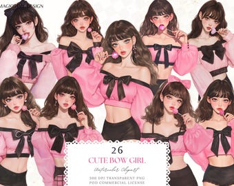 Clipart fille coquette noeud : rose noir mode aquarelle (autocollant numérique PNG)