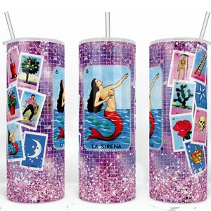 La Sirena de Loteria Cards Tumbler, vaso mexicano, envoltura de vaso flaco de 20 oz, diseño deformado, diseño de sublimación Descargar PNG
