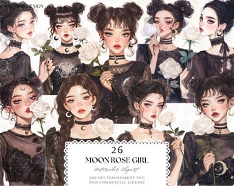 Clipart aquarelle Halloween fille gothique : Stickers pour journalisation indésirable (téléchargement numérique PNG