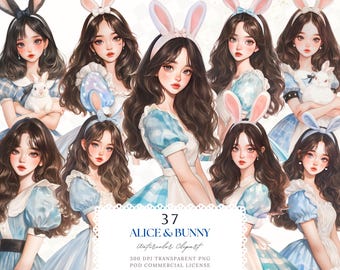 Clipart Alice au pays des merveilles : petite fille lapin bleu, aquarelle PNG (téléchargement numérique)