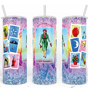 Vaso de tarjetas La Dama Loteria, vaso de lotería mexicana, envoltura de vaso flaco de 20 oz, diseño de sublimación de envoltura de vaso brillante PNG