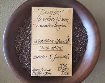 Pode incluir: Uma tigela de madeira cheia de sementes escuras, com um pequeno cartão que diz "Douglas' Meadow foam Limnanthes Douglasii ORGANICALLY GROWN P.N.W. NATIVE Harvested: 5 June 2025 Approx: 50 Seeds Weight: 1 gram".
