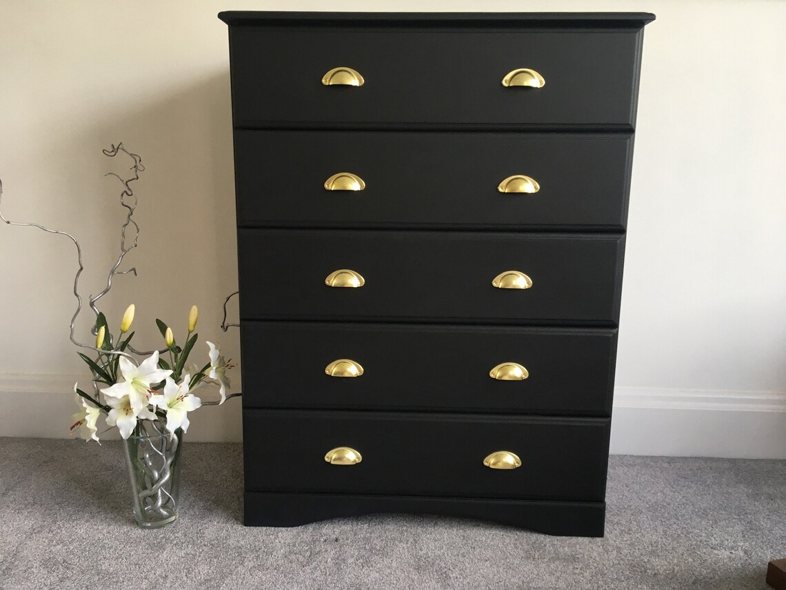 Black chest of drawers/tallboy five drawers gold cup handles Etsy